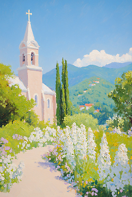 JPG 종교 여행 일러스트 자연 하늘 휴식 산 풍경 여름 제주도 교회 평화 마을 기도 조용 화사함 방문 꽃길 뷰티풀 국내일러스트 AI일러스트 AI콘텐츠 계절 길 컨셉 종교건축 한국 건물 생태계 파일형식