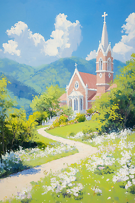 JPG 나무 구름 꽃 길 일러스트 자연 하늘 산 건강 풍경 초원 여름 교회 평화 고요 조화 뷰티풀 색감 풍경화 국내일러스트 AI일러스트 AI콘텐츠 자연요소 식물 계절 컨셉 종교건축 건물 그림 생태계 파일형식