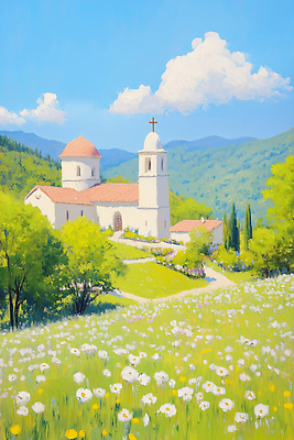 JPG 구름 건축 꽃 기독교 여행 일러스트 자연 하늘 풍경 일상 초록색 여름 성당 평화 들꽃 조용 종탑 뷰티풀 풍경화 국내일러스트 AI일러스트 AI콘텐츠 자연요소 식물 계절 종교 컬러 컨셉 종교건축 라이프 탑 그림 생태계 파일형식