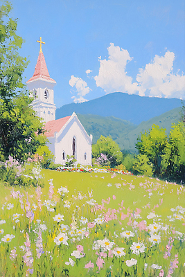 JPG 꽃 여행 일러스트 자연 휴식 산 풍경 초원 여름 교회 정원 황혼 시골 이미지 방문 뷰티풀 오후 목가 국내일러스트 AI일러스트 AI콘텐츠 식물 계절 컨셉 종교건축 건물 일몰 생태계 파일형식