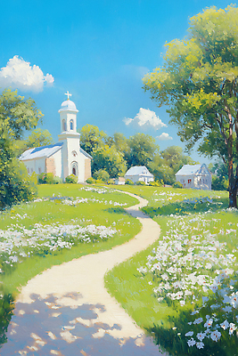 JPG 나무 꽃 도로 일러스트 자연 풍경 초원 여름 교회 평화 흰색 기도 시골 조용 뷰티풀 국내일러스트 AI일러스트 AI콘텐츠 식물 계절 길 컬러 컨셉 종교건축 교통시설 건물 생태계 파일형식