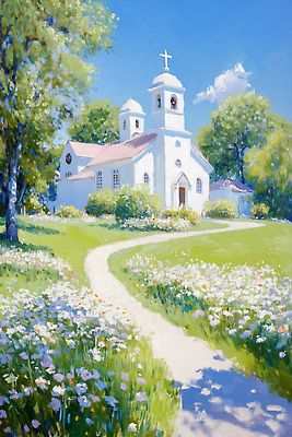 JPG 건축 꽃 길 예술 컬러 여행 일러스트 자연 하늘 풍경 초원 초록색 햇빛 교회 평화 맑음 고요 봄 흰색 풀 국내일러스트 AI일러스트 AI콘텐츠 식물 계절 컨셉 종교건축 날씨 건물 태양 생태계 파일형식