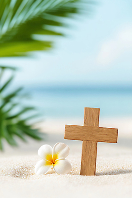 JPG 나무 편집이미지 꽃 모래 바다 십자가 자연 하늘 휴식 풍경 해변 여름 햇빛 평화 플랭지파니 조화 편집실사 AI포토 AI콘텐츠 식물 계절 컨셉 태양 CG 생태계 파일형식