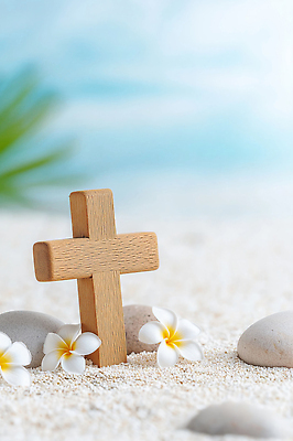 JPG 나무 편집이미지 꽃 종교 바다 십자가 자연 해변 장식 여름 모래사장 평화 돌_바위 플루메리아 뷰티풀 편집실사 AI포토 AI콘텐츠 식물 계절 컨셉 CG 생태계 파일형식