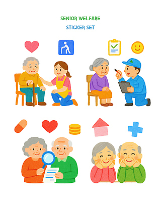 PSD 노년 행복 감정 스티커 일러스트 가족 모션 협력 건강 사랑 웃음 치료 사회 연령 복지 서비스 소통 공동체 지원 국내일러스트 컨셉 의학 관계 표정 성인 사회이슈 파일형식