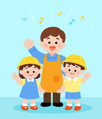 모자 교육 행복 어린이 포즈 하늘색 백그라운드 일러스트 모션 함께함 웃음 교사 유치원 만남 인사 즐거움 상쾌 손흔들기 국내일러스트 AI파일 직업 잡화 감정 컨셉 표정 사람 파란색 예절 파일형식 벡터