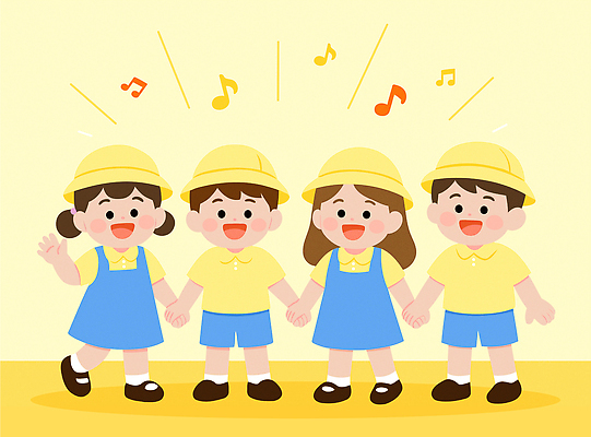 행복 어린이 음악 과일 일러스트 노래 모션 놀이 함께함 웃음 귀여움 손잡기 주황색 유치원 무대 표현 그룹 즐거움 소통 국내일러스트 AI파일 교육 감정 컬러 컨셉 문화예술 표정 사람 파일형식 벡터
