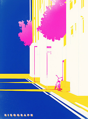 PSD 나무 도로 예술 분홍색 일러스트 거리 풍경 건물 일상 그래픽 햇빛 노란색 자전거 봄 도시 모던 조용 색감 국내일러스트 식물 건축물 계절 길 컬러 교통시설 라이프 태양 바이크 파일형식