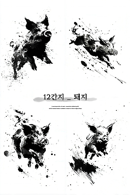 JPG 동물 디자인 예술 포즈 일러스트 수채화 흑백 회화 십이지신 표현 돼지 그림 작품 예술가 창의성 스플래쉬 국내일러스트 AI일러스트 AI콘텐츠 포유류 촬영기법 말하기 미술 파일형식