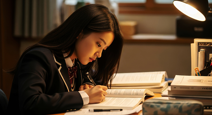 JPG 편집이미지 학생 여학생 교실 성공 조명 학습 기록 저녁 집중 책상 교과서 혼자 의료성형뷰티 편집실사 AI인물포토 AI콘텐츠 여자 교육 가구 컨셉 학교 교재 야간 CG 파일형식 AI포토