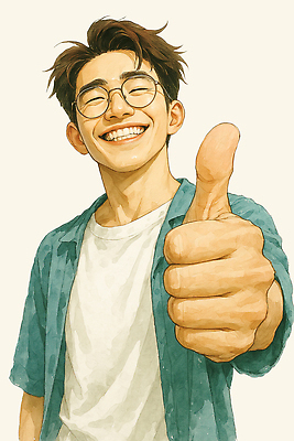 PSD 옷 행복 감정 일러스트 응원 따뜻함 밝음 미소 웃음 손짓 청년 일상 캐주얼 친구 엄지손가락 표현 이미지 긍정적 성격 국내일러스트 손가락 관계 모션 표정 성인 라이프 파일형식