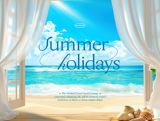 PSD 편집이미지 바다 여행 창문 자연 하늘 바람 방학 휴식 풍경 취미 해변 여름 파란색 커튼 이미지편집 자연요소 계절 컬러 컨셉 날씨 휴가 생태계 파일형식