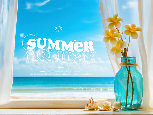 PSD 편집이미지 꽃 바다 여행 자연 하늘 유리병 휴식 풍경 해변 여름 햇빛 노란색 휴일 창가 이미지편집 식물 계절 컬러 컨셉 창문 병_용기 태양 생태계 파일형식