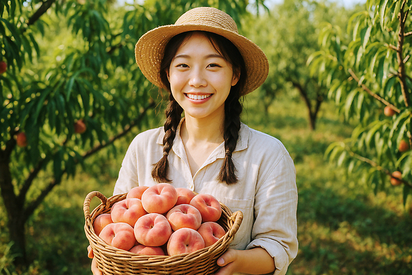JPG 편집이미지 잎 농업 과일 자연 따뜻함 미소 웃음 풍경 소녀 여름 농장 바구니 농사 수확 복숭아 의료성형뷰티 납작복숭아 편집실사 AI인물포토 AI콘텐츠 식물 계절 여자 산업 어린이 표정 CG 생태계 파일형식 AI포토