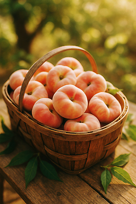 JPG 나무 편집이미지 과일 자연 야외 여름 햇빛 바구니 정원 수확 신선 달콤 맛 과수원 복숭아 납작복숭아 편집실사 AI포토 AI콘텐츠 식물 계절 컨셉 농업 태양 CG 생태계 파일형식