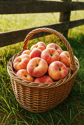 JPG 편집이미지 농업 자연 풍경 초원 여름 햇빛 농장 바구니 수확 유기농 원예 과일바구니 나무울타리 납작복숭아 편집실사 AI포토 AI콘텐츠 웰빙 계절 산업 과일 취미 울타리 태양 CG 생태계 복숭아 파일형식