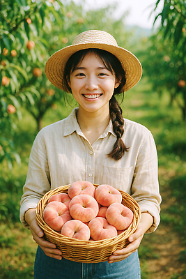 JPG 편집이미지 농업 과일 자연 웃음 일상 생활 여름 농작물 농장 바구니 수확 농촌 친환경 복숭아 의료성형뷰티 납작복숭아 편집실사 AI인물포토 AI콘텐츠 계절 산업 표정 라이프 환경 시골 CG 생태계 파일형식 AI포토