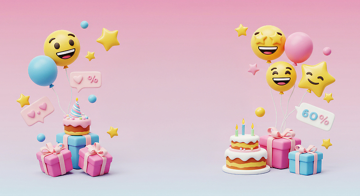 JPG 편집이미지 행복 컬러 선물 이벤트 장식 파티 케이크 축제 기쁨 축하 생일 분위기 풍선 이모티콘 편집3D AI컴퓨터그래픽 AI콘텐츠 기념일 감정 컨셉 디저트 3D 파일형식