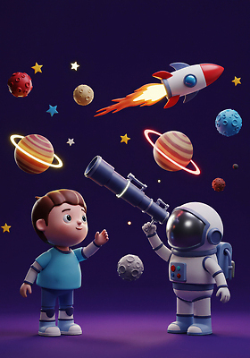 JPG 편집이미지 별 어린이 과학 상상 동화 우주 망원경 꿈 행성 탐험 우주비행사 비행 우주선 즐거움 발견 편집3D AI컴퓨터그래픽 AI콘텐츠 자연요소 감정 사람 3D 파일형식