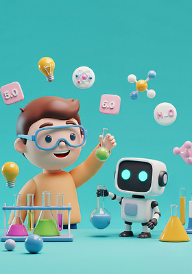 JPG 편집이미지 디자인 교육 컬러 과학 유리병 실험 소년 약 도구 로봇 즐거움 상상력 창의력 창작 편집3D AI컴퓨터그래픽 AI콘텐츠 남자 감정 어린이 의학 병_용기 3D 파일형식