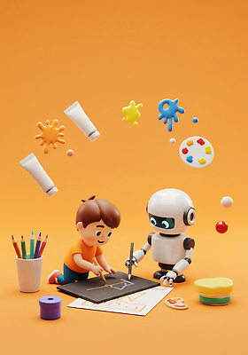 JPG 편집이미지 어린이 컬러 재료 모션 놀이 협력 미술 도구 그리기 로봇 즐거움 ART 상상력 창의성 편집3D AI컴퓨터그래픽 AI콘텐츠 감정 문화예술 사람 3D 파일형식