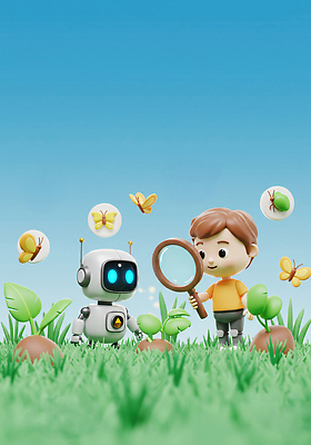 JPG 편집이미지 꽃 어린이 나비 곤충 자연 하늘 친구 학습 탐험 관찰 풀 로봇 즐거움 그림 편집3D AI컴퓨터그래픽 AI콘텐츠 식물 동물 교육 감정 관계 모션 사람 3D 생태계 파일형식