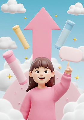 JPG 구름 편집이미지 캐릭터 디자인 화살표 분홍색 아이디어 미소 소녀 에너지 성장 표현 자신감 긍정적 발상 국내일러스트 편집3D AI컴퓨터그래픽 AI콘텐츠 자연요소 여자 감정 어린이 컬러 컨셉 표정 3D 파일형식