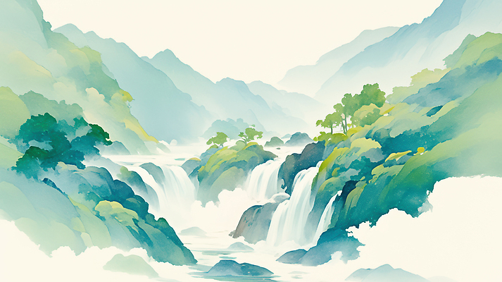 JPG 나무 여행 일러스트 자연 하늘 수채화 산 풍경 초원 물 여름 평화 계곡 고요 폭포 흐름 그림 뷰티풀 국내일러스트 AI일러스트 AI콘텐츠 자연요소 식물 계절 컨셉 생태계 파일형식