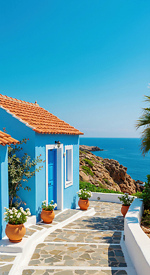 JPG 편집이미지 화분 바다 자연 풍경 해변 햇빛 고요 지중해 휴양지 편집실사 AI포토 AI콘텐츠 태양 장소 CG 생태계 파일형식