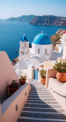 JPG 편집이미지 건축 바다 여행 풍경 해변 햇빛 평화 계단 도시 그리스 산토리니 편집실사 AI포토 AI콘텐츠 유럽 컨셉 태양 CG 파일형식