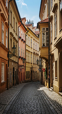 JPG 편집이미지 유럽 여행 아침 거리 풍경 건물 햇빛 골목길 조용 프라하 자갈길 편집실사 AI포토 AI콘텐츠 주간 건축물 나라 길 태양 CG 체코 파일형식