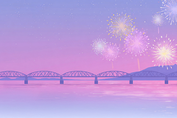 JPG 기념일 분홍색 컬러 야경 일러스트 자연 하늘 불꽃놀이 여름 파란색 강 평화 축제 일몰 놀람 로맨틱 축하 저녁 뷰티풀 가교 국내일러스트 AI일러스트 AI콘텐츠 건축물 계절 감정 컨셉 놀이 표정 이벤트 노을 야간 생태계 파일형식 풍경_경치