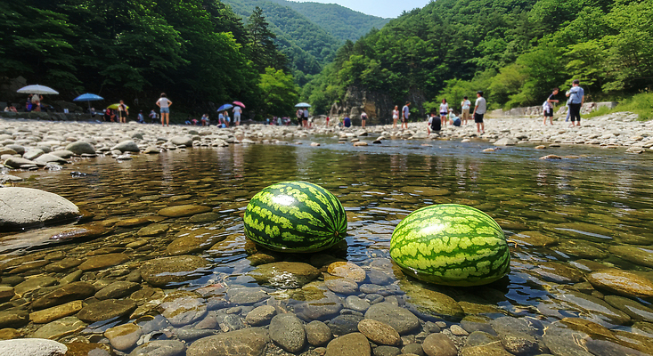 JPG 편집이미지 가족 자연 물놀이 놀이 휴식 산 수박 여러명 초록색 물 여름 친구 강 계곡 즐거움 편집실사 AI포토 AI콘텐츠 자연요소 계절 감정 컬러 다수 컨셉 과일 관계 사람 CG 생태계 파일형식