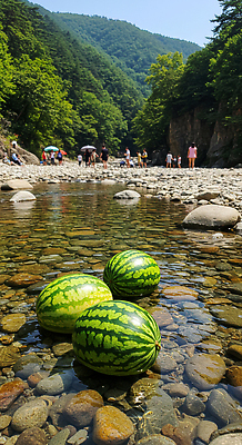 JPG 편집이미지 가족 자연 물놀이 수박 여러명 여름 친구 소풍 야외활동 계곡 돌_바위 강가 즐거움 편집실사 AI포토 AI콘텐츠 계절 감정 다수 과일 관계 놀이 사람 강 CG 생태계 파일형식