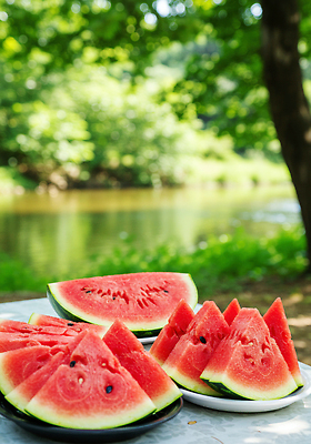 JPG 편집이미지 행복 과일 자연 수박 취미 야외 여름 친구 소풍 신선 강가 편안함 즐거움 편집실사 AI포토 AI콘텐츠 계절 감정 관계 강 야외활동 감각 CG 생태계 파일형식