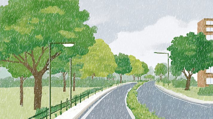 JPG 나무 도로 길 가로등 일러스트 자연 날씨 거리 풍경 잔디 환경 소리 산책 도시 비 조경 조용 국내일러스트 AI일러스트 AI콘텐츠 자연요소 식물 공공시설 교통시설 휴식 생태계 파일형식