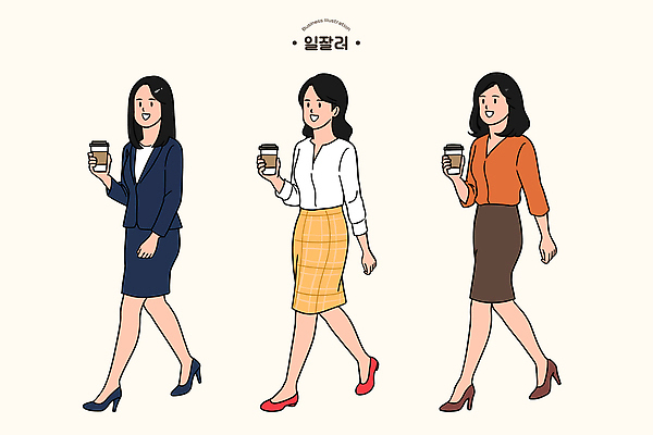 옷 계절 여자 패션 여유 커피 컬러 일러스트 거리 직장 정장 캐주얼 활발 만남 도시 자신감 워킹 흐림 스타일 어울림 국내일러스트 AI파일 감정 음료 컨셉 회사 모션 날씨 사람 파일형식 벡터