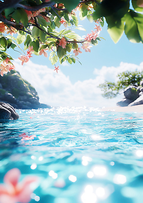 JPG 나무 편집이미지 꽃 파도 자연 휴식 풍경 해변 여름 평화 수영 바위 수면 조용 편집실사 AI컴퓨터그래픽 AI콘텐츠 식물 계절 바다 컨셉 물 돌_바위 수상스포츠 CG 생태계 파일형식