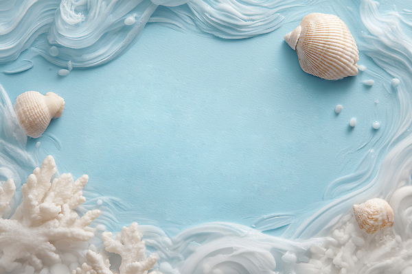 JPG 편집이미지 디자인 바다 백그라운드 자연 풍경 장식 파란색 평화 수중동물 흰색 조개껍데기 배열 그림 뷰티풀 편집실사 AI포토 AI콘텐츠 동물 컬러 컨셉 조개 CG 생태계 파일형식