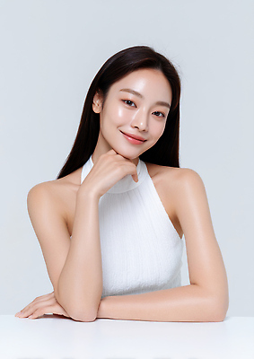 JPG 모델 편집이미지 손 여자 얼굴 포즈 미소 모던 흰배경 심플 턱 뷰티풀 의료성형뷰티 스타일 세련 편집실사 AI인물포토 AI콘텐츠 백그라운드 표정 사람 신체부위 흰색 CG 파일형식 AI포토