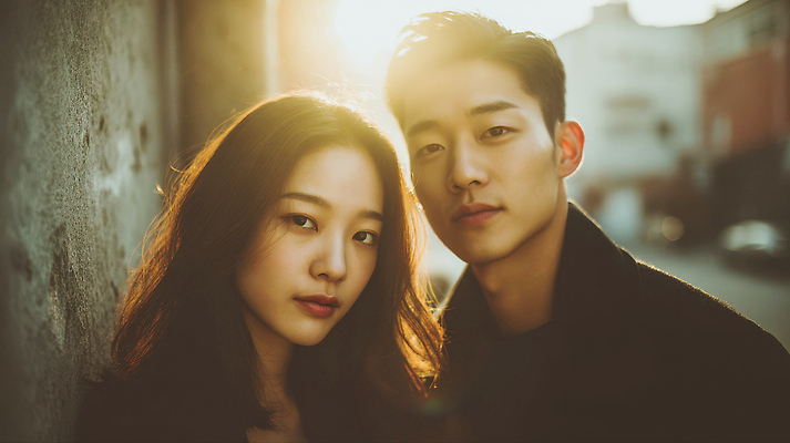 JPG 편집이미지 커플 시선 포즈 거리 미소 두명 친구 일몰 도시 분위기 오후 의료성형뷰티 편집실사 AI인물포토 AI콘텐츠 컨셉 관계 표정 사람 노을 CG 파일형식 AI포토