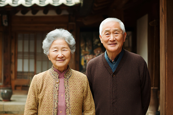 JPG 편집이미지 전통 행복 문화 프로포즈 가족 한옥 따뜻함 사랑 웃음 노부부 다정 시간 전통의상 의료성형뷰티 편집실사 AI인물포토 AI콘텐츠 한국전통 부부 감정 컨셉 고건축 관계 표정 CG 파일형식 AI포토