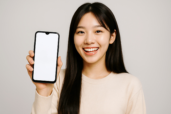 JPG 편집이미지 손 여자 패션 포즈 기술 실내 표정 밝음 웃음 스마트폰 청춘 카메라 자신감 분위기 소통 의료성형뷰티 편집실사 AI인물포토 AI콘텐츠 감정 컨셉 사람 내부 신체부위 전자제품 핸드폰 스마트기기 CG 파일형식 AI포토