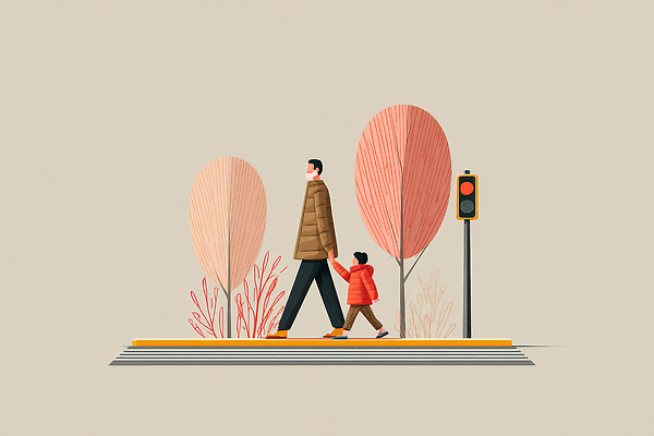 JPG 나무 커플 공원 도로 어린이 일러스트 가족 자연 따뜻함 풍경 일상 평화 걷기 손잡기 가을 도시 아빠 신호등 가로수 국내일러스트 AI일러스트 AI콘텐츠 식물 계절 공공시설 길 컨셉 관계 교통시설 모션 사람 라이프 생태계 파일형식