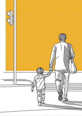 JPG 어린이 교통 일러스트 가족 거리 함께함 따뜻함 사랑 거리풍경 안전 일상 노란색 걷기 손잡기 아기 도시 아빠 신호등 소통 국내일러스트 AI일러스트 AI콘텐츠 감정 컬러 컨셉 관계 모션 사람 풍경 라이프 파일형식