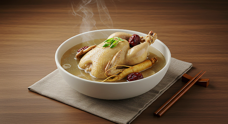 JPG 편집이미지 한식 식탁 수저 요리 사람없음 닭고기 인삼 대추 보양식 삼계탕 한정식 건강식 편집실사 AI포토 AI콘텐츠 식기 음식 탁자 육류 삼 CG 정식 몸보신 파일형식