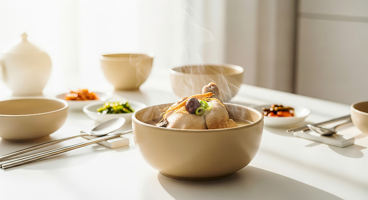 JPG 편집이미지 전통 한식 음식 식탁 아침 반찬 한국 따뜻함 요리 사람없음 일상 햇빛 식사 삼계탕 건강식 간편조리식품 편집실사 AI포토 AI콘텐츠 주간 아시아 탁자 라이프 태양 CG 보양식 파일형식