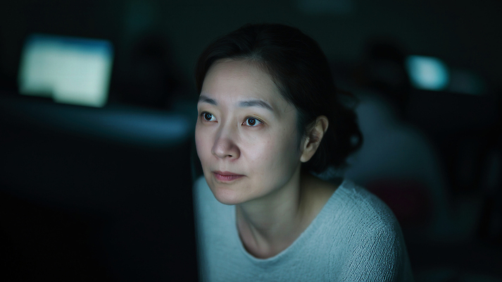 JPG 편집이미지 여자 중년 생각 조명 기술 컴퓨터 사무실 환경 스크린 업무 작업 집중 과제 프로그래밍 의료성형뷰티 편집실사 AI인물포토 AI콘텐츠 컨셉 비즈니스 사람 성인 전자제품 CG 개발 파일형식 AI포토