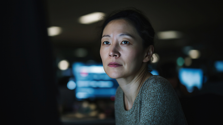 JPG 편집이미지 여자 중년 조명 기술 사람 컴퓨터 사무실 환경 자료 업무 작업 저녁 집중 의료성형뷰티 편집실사 AI인물포토 AI콘텐츠 컨셉 비즈니스 성인 전자제품 야간 CG 파일형식 AI포토