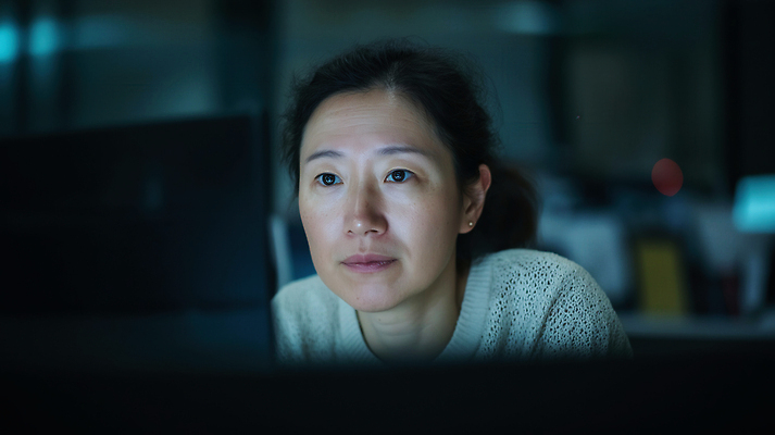 JPG 편집이미지 여자 중년 조명 직장 표정 컴퓨터 사무실 환경 스크린 자료 정보 시간 작업 집중 순간 의료성형뷰티 편집실사 AI인물포토 AI콘텐츠 컨셉 회사 비즈니스 사람 성인 전자제품 CG 파일형식 AI포토